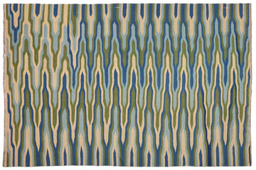 Flat Weave Kilim, Antique, Navaho, Vintage, Handmade, Modern Kilim Blue Beige Hand-Woven Rectangle 100% Wool Area Rug 9 x 12